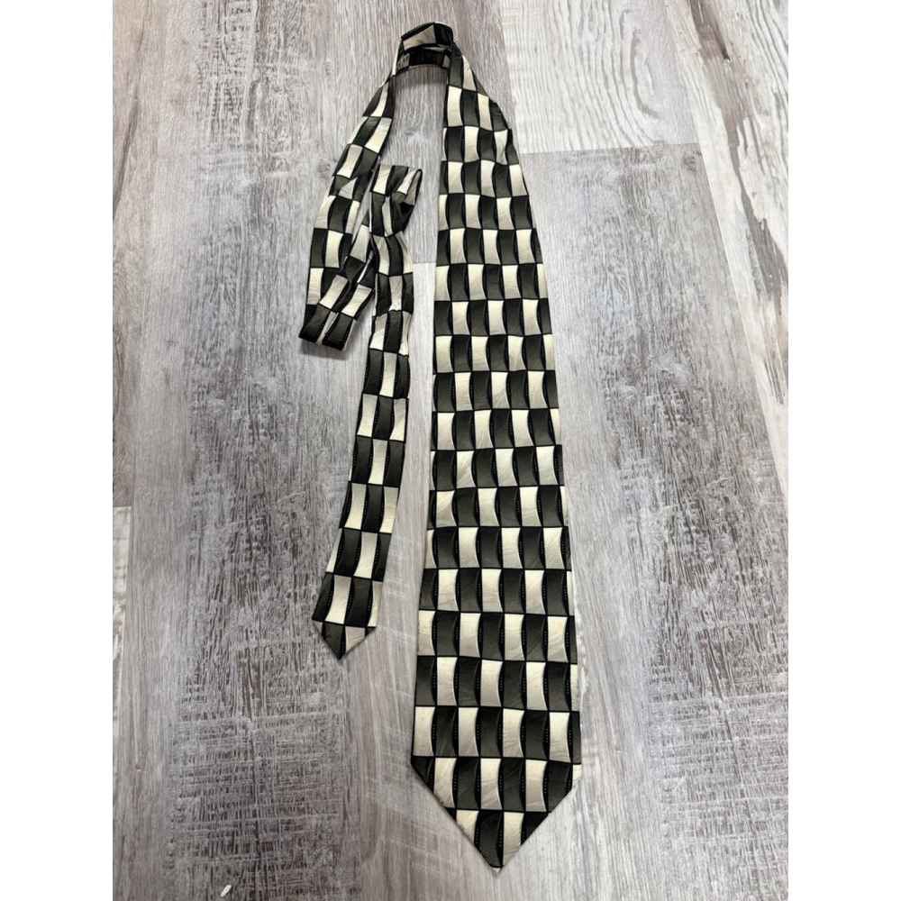 Gasparo 100%‎ Silk Geometric Tie Vintage Made in Korea Black Tan Retro